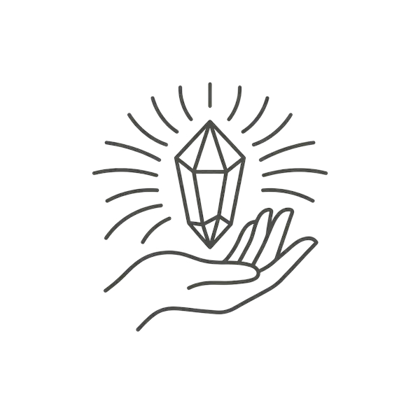 Hand and crystal icon representing hand-selected high-frequency stones