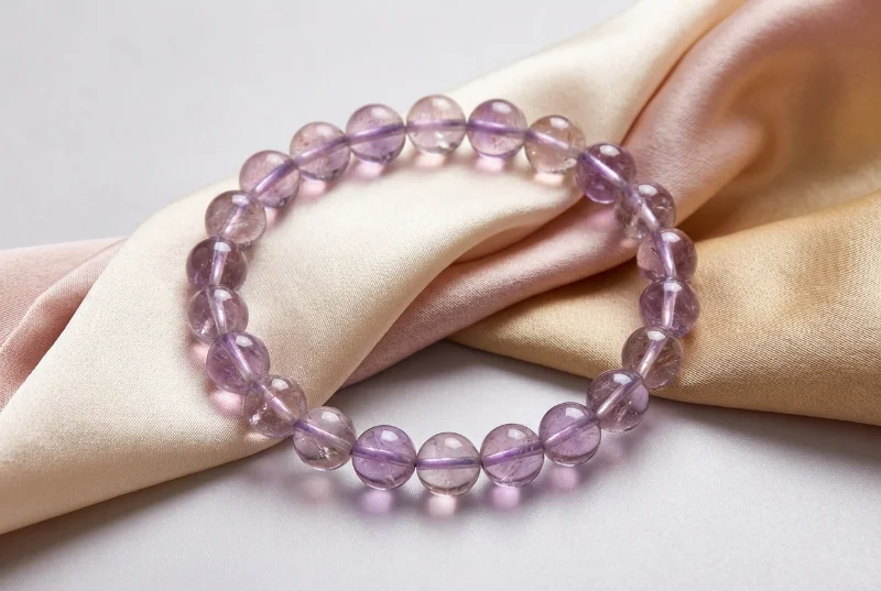 Amethyst bracelet displayed on soft satin fabric in natural light