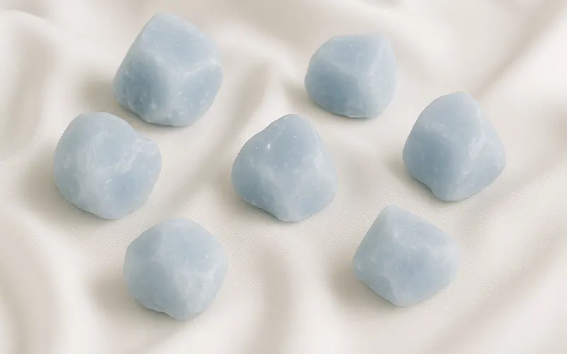 Small angelite stones arranged on a white surface, showcasing soft blue tones and smooth natural texture