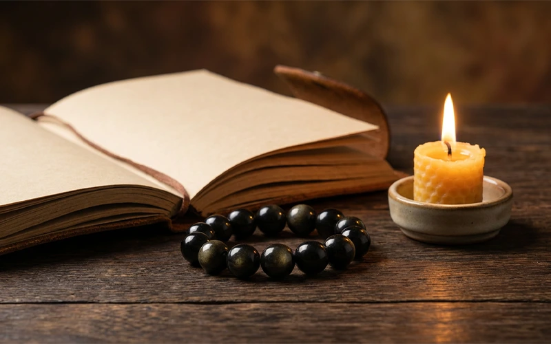 Black Obsidian bracelet paired with journal for grounding and emotional clarity.