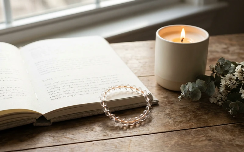 Clear Quartz bracelet styled with journal and candle for clarity and healing.