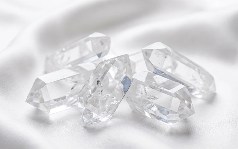 Clear Quartz crystals with bright clarity and reflective light.