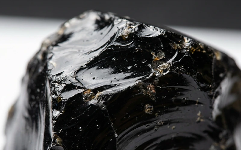 Raw Black Obsidian showing natural volcanic glass texture.