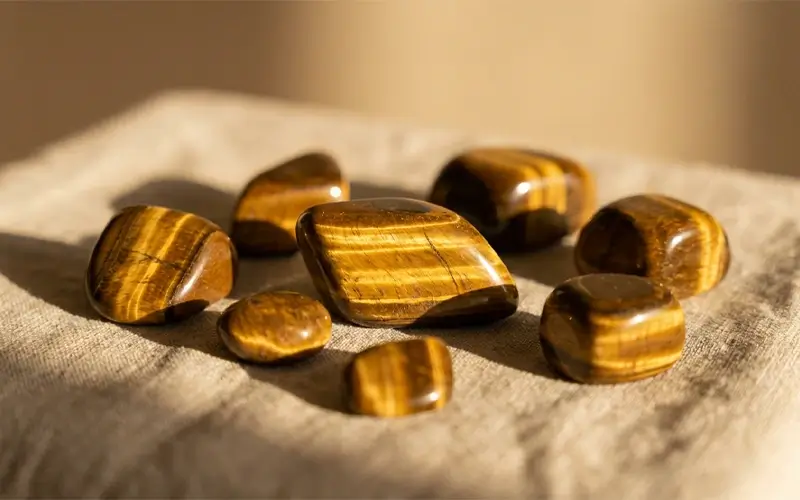 Tiger’s Eye crystals showing golden-brown shimmer and chatoyancy.