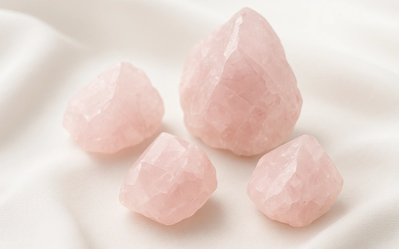 Soft pink rose quartz crystals with a calming, gentle glow.