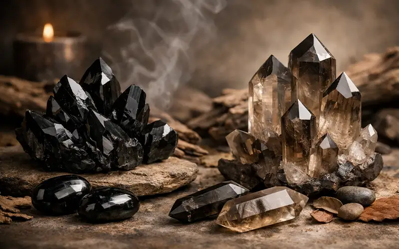 Black obsidian and smoky quartz for emotional cord cutting.