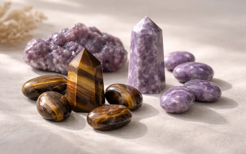Tiger’s eye and lepidolite crystals for emotional grounding and balance