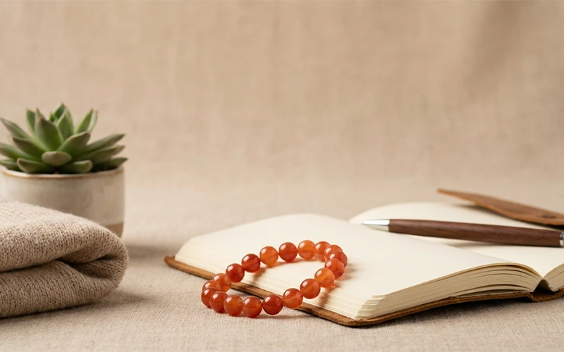 Carnelian bracelet beside journal and warm neutral decor-