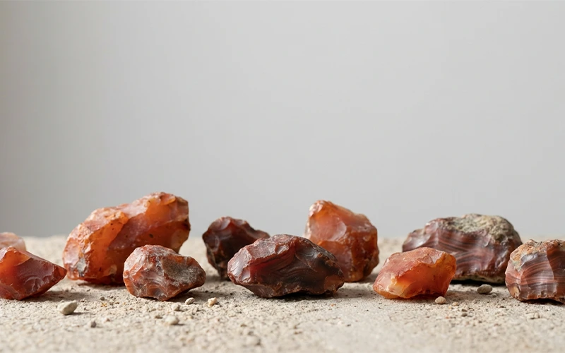 Raw carnelian and red agate stones with natural banding