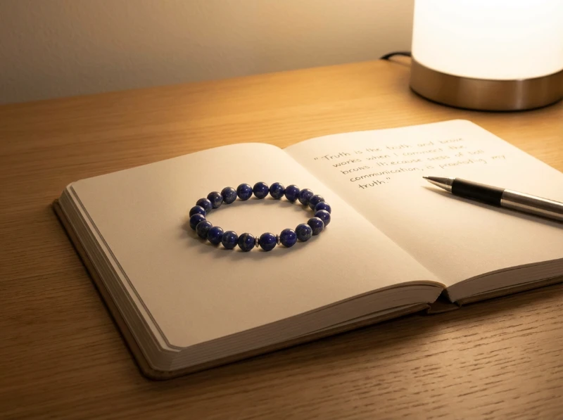 Lapis lazuli bracelet styled with notebook to represent communication and clarity