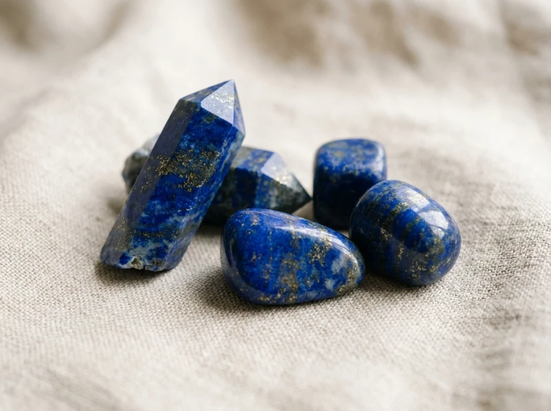 Lapis Lazuli stones with deep blue color and natural golden pyrite inclusions.